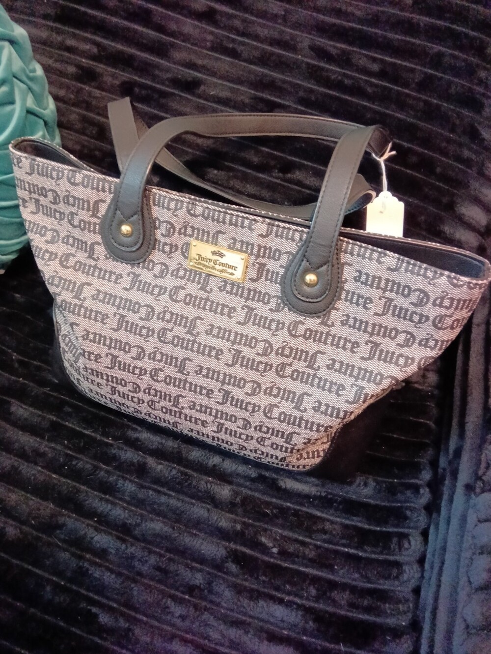 Juicy Couture Y2K Black and Gray Logo Jacquard Shoulder Tote